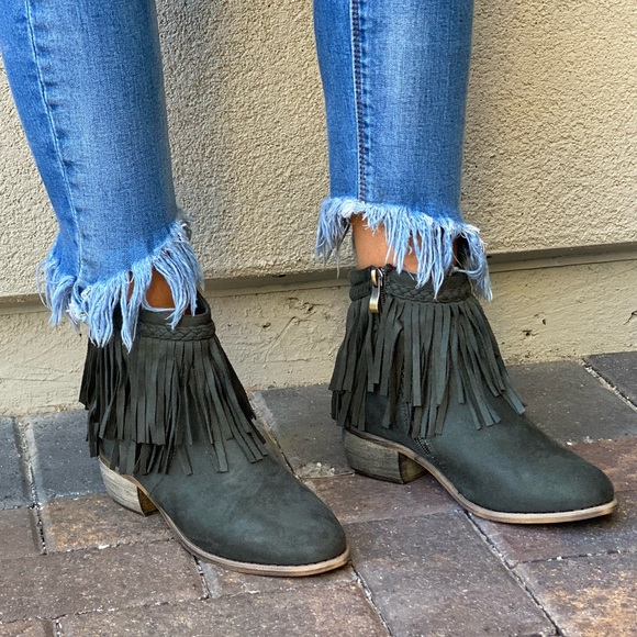 Olive Green Western Boho Braid Fringe Ankle Boots - Picture 9 of 13